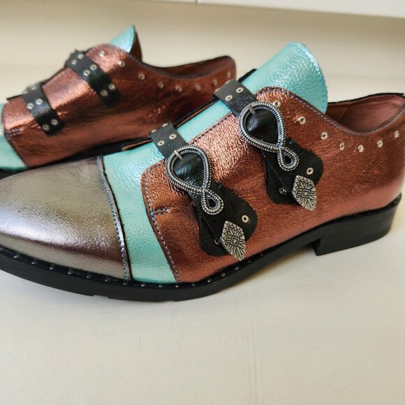 Girotti Metallic Leather Oxford Shoes Buckles Steampunk Luxury Handmade Unique 4 - Picture 12 of 16